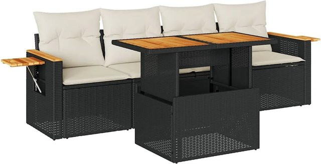 vidaXL 5-teilige Garten-Sofagarnitur in L-Form aus Polyrattan und Akazienholz mit Tisch und Kissen in Schwarz-Creme - Bild 1