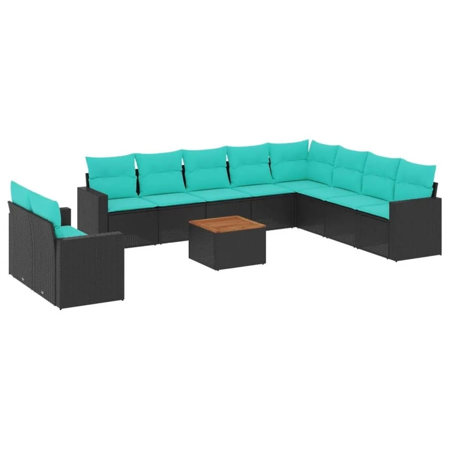 vidaXL 11-teilige Garten-Sofagarnitur aus Poly-Rattan und Akazienholz in Schwarz mit blauen Kissen - Bild 2