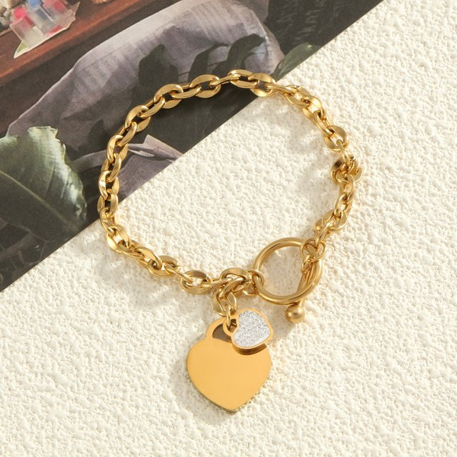 LNCHRAN Armband, Edelstahl, Gold, Zirkonia, Damen, Doppelherz Anhänger - Bild 1