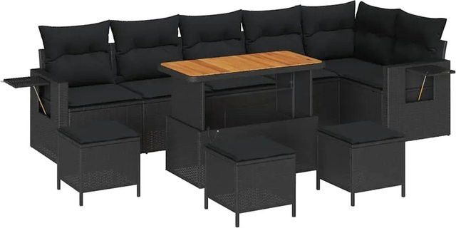 vidaXL 10-teiliges Garten Sofa Set aus Polyrattan und Akazie in Schwarz mit Kissen - Bild 1