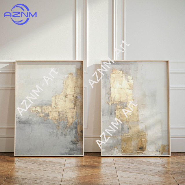 AZNM Minimalistische Abstrakte Wandkunst Set aus 2 Drucken in Gold und Grau - Bild 1