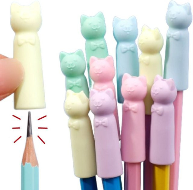 10er Set Cartoon Katze Bleistift Spitzenschutz und Stiftverlängerung in Mehrfarbig aus Kunststoff - Bild 1