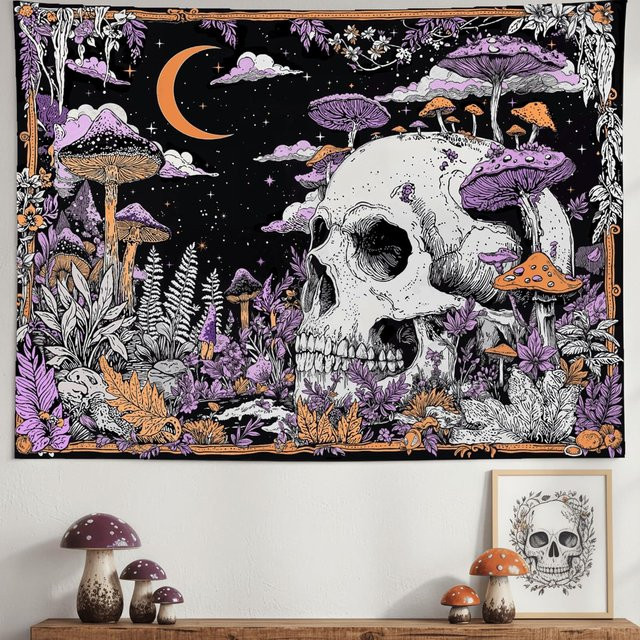VIKAMA Gothic Wandteppich mit Totenkopf, Pilzen und Sternenhimmel in Lila und Orange, Wandbehang für dein Schlafzimmer oder Wohnheim, B/H: 60 x 40 cm - Bild 1