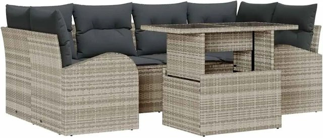 vidaXL Garten-Sofa-Set aus Poly Rattan in Hellgrau, 7-teiliges U-Shape Lounge-Set mit Kissen und Tisch mit Glasplatte - Bild 1