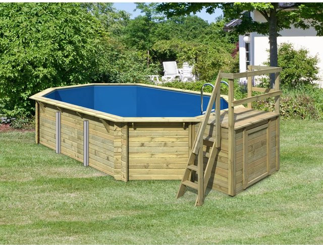 Karibu Massivholzpool Set 4 B aus Fichte in Blau und Grau mit Filteranlage, Skimmer und Sonnenterrasse, B/T/H: 600 x 400 x 111 cm - Bild 1