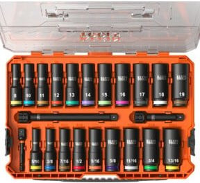 Klein Tools KNECT Lang-Stecknuss-Set 3/8 Zoll SAE und metrisch, 23-teilig, Chrome-Molybdän-Stahl, Orange - Bild 1
