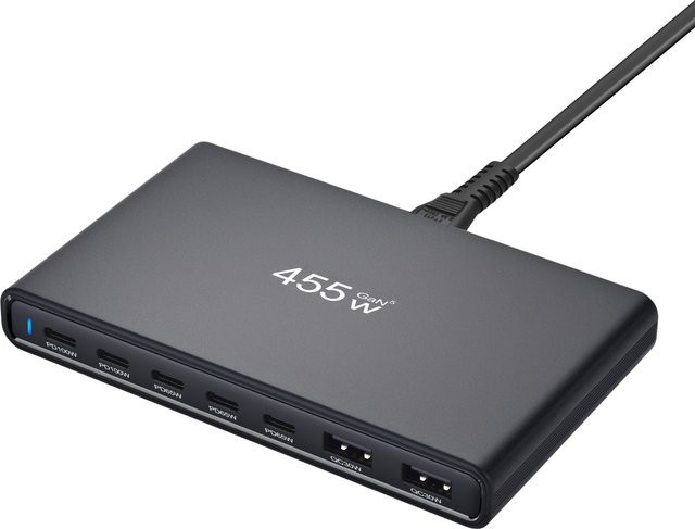 Deepartner Ultraschlankes 455W GaN Tischladegerät mit 5 USB-C und 2 USB-A Anschlüssen in Schwarz - Bild 1