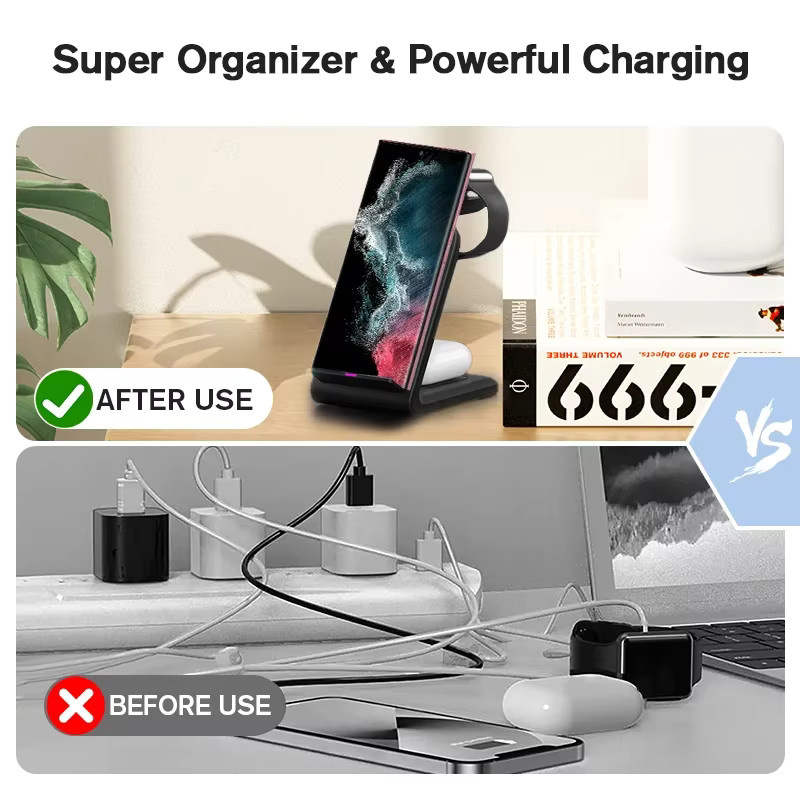 VIKEFON 3-in-1 kabelloser Ladeständer Schwarz für iPhone, Samsung Galaxy und Apple Watch sowie AirPods Pro als Schnellladestation - Bild 6