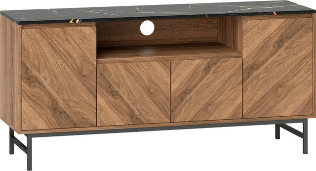 HOMCOM TV-Schrank aus Holz mit Marmoreffekt in Nussbaum, moderne TV-Bank für bis zu 65 Zoll mit offenen Fächern, Türen und verstellbaren Regalen, B/T/H: 140 x 39 x 66 cm - Bild 1