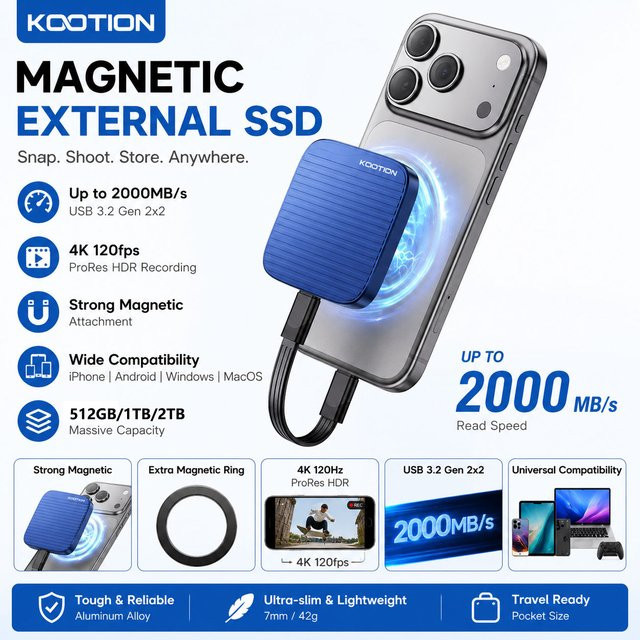 KOOTION X7MAX Magnetische Externe SSD mit USB-C Anschluss, 2000MB/s Übertragungsrate, Blau - Bild 1