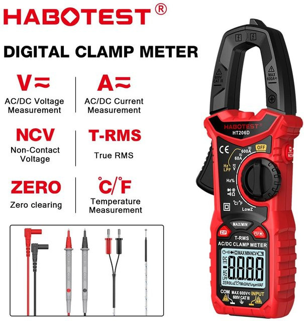 HABOTEST Digitales Zangenmessgerät HT206A/HT206B/HT206D Multimeter Amperemeter mit DC/AC-Strommessung bis 600 A und Spannungsprüfer - Bild 1