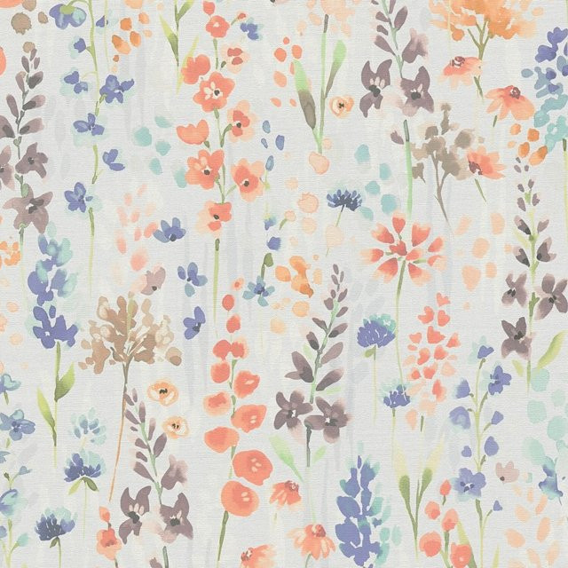 PROFHOME 396063-GU Blumen Tapete im Aquarell-Stil mit floralem Muster, Farben: Grau, Orange, Braun, Blau, Material: Vlies, Breite: 0,53 m, Länge: 10,05 m - Bild 1