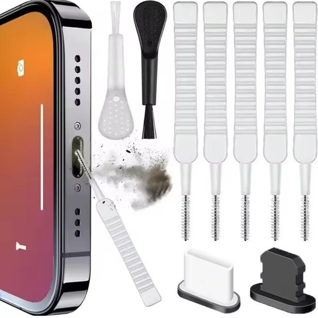Reinigungsset für Handy-Lautsprecher und Ladeanschluss in Weiß für iPhone, Samsung und Xiaomi mit USB-C Anschluss und Bürste - Bild 1