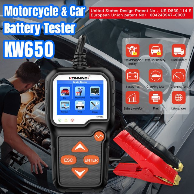 KONNWEI KW650 Batterietester für Auto und Motorrad, 6V 12V Batterieanalysator mit 100 bis 2000 CCA, Schwarz - Bild 1