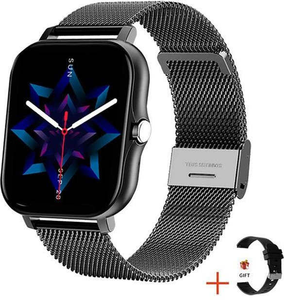 Smartwatch mit 1,69 Zoll Touchscreen und Bluetooth für Anrufe, Herzfrequenzüberwachung, Schrittzähler und SpO2-Messung, Schwarz mit Steel- und Silikonarmband - Bild 1
