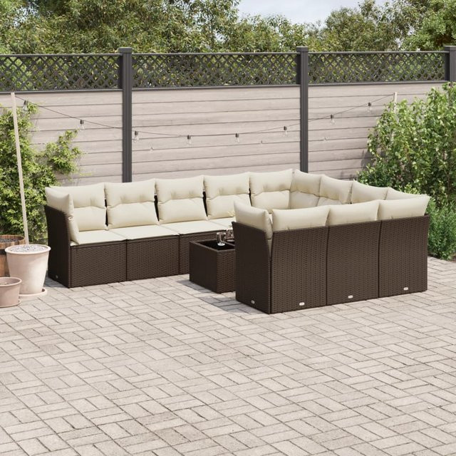 vidaXL 11-tlg. Garten-Sofagarnitur in L-Form aus braunem PE-Rattan mit Polstern und UV-beständigen Kissen - Bild 3