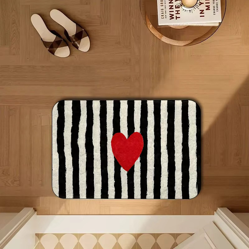 VIKAMA Badezimmer-Anti-Rutsch-Teppich mit minimalistischem schwarz-weiß gestreiftem Design und rotem Herz, rechteckig - Bild 2