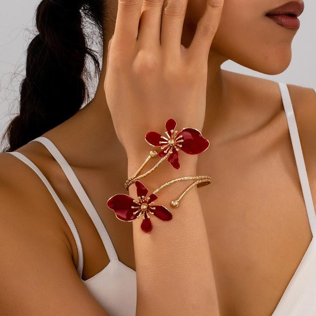 Manschetten-Armband, Blume, Emaille-Glasur, rot, Damen - Bild 1