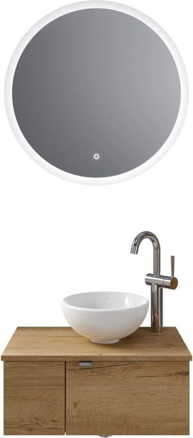 Pelipal Badmöbel-Set Halifax Eiche mit Waschtischunterschrank, Keramik Aufsatzbecken und Funktionsspiegel mit LED-Beleuchtung, Braun - Bild 1