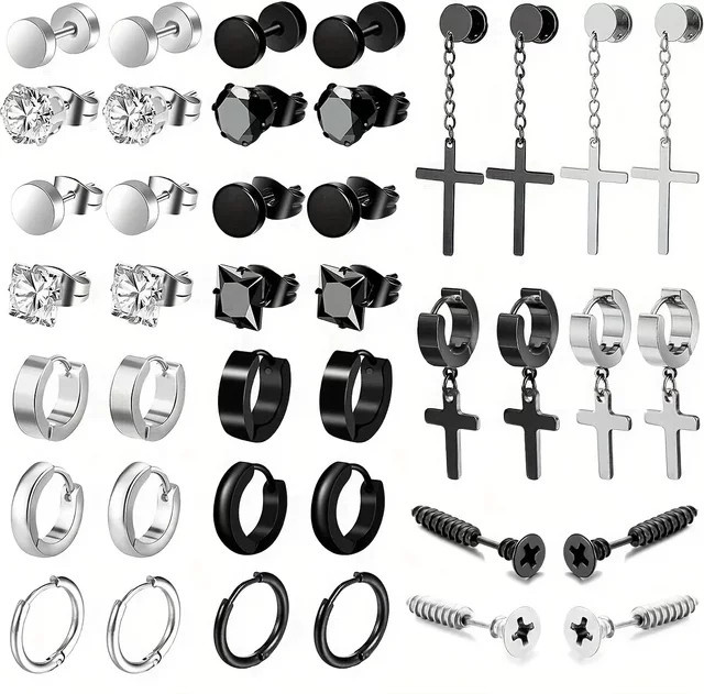 YIXI Ohrstecker Edelstahl, Zirkonia, Silber, Herren, Kreuz-Anhänger-Creolen - Bild 1