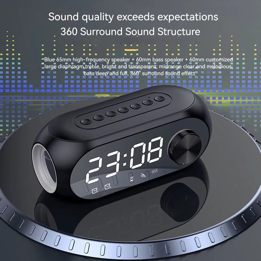 Tragbarer Bluetooth-Lautsprecher von AyeBeau mit Wecker, FM-Radio, Subwoofer und Lampen-Funktion in Schwarz - Bild 2