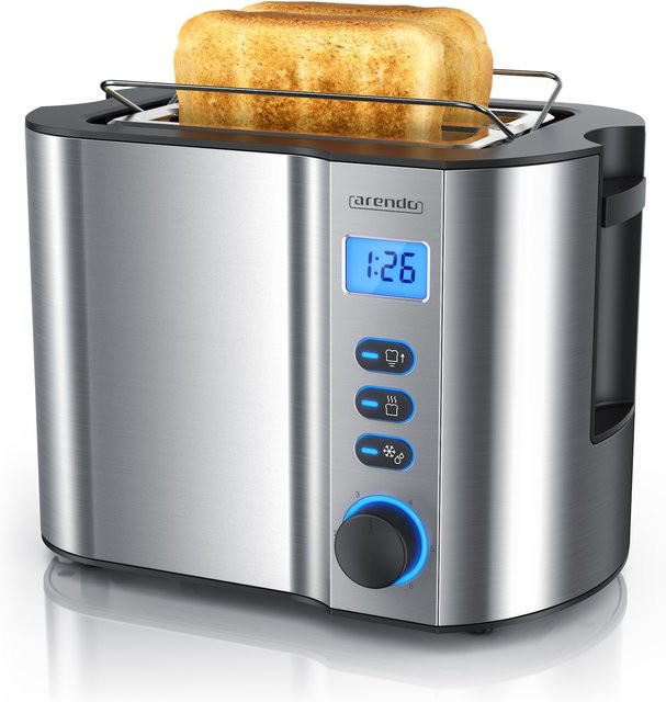Arendo Toaster für 2 Scheiben mit Restzeitanzeige, 800W, wärmeisolierendes Doppelwandgehäuse, Brötchenaufsatz und Auftaufunktion, Silber - Bild 1