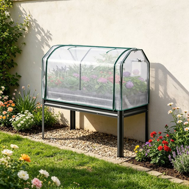 HiMISS Hochbeet aus lackiertem Metall in Beige mit Mini-Gewächshaus aus PE für Garten und Balkon, B/T/H: 80,0 x 44,0 x 44,0 cm - Bild 1