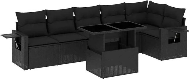 vidaXL 7-teilige Garten-Sofagarnitur in L-Form aus schwarzem Poly-Rattan mit Kissen und pulverbeschichtetem Stahlgestell - Bild 1