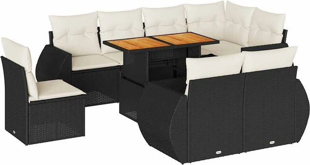 vidaXL 9-teilige Garten-Sofagarnitur aus Poly-Rattan und Akazienholz in Schwarz-Creme mit Kissen - Bild 1