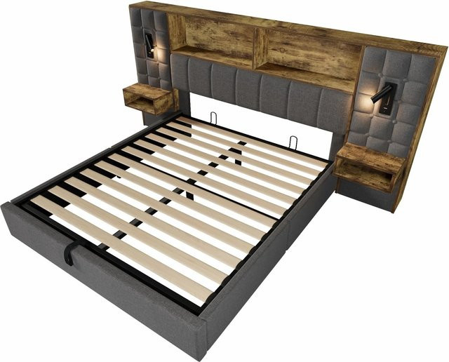 Merax Polsterbett mit Lift-up-Funktion und LED-Leselampen in Grau, B/T/H: 160 x 200 x 66,9 cm - Bild 1