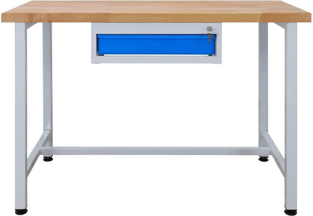 PROREGAL Werkbank Rhino mit Einzelschublade aus Buche und Stahl, Farbe Lichtblau/Lichtgrau, H x B x T: 84 x 120 x 60 cm - Bild 1