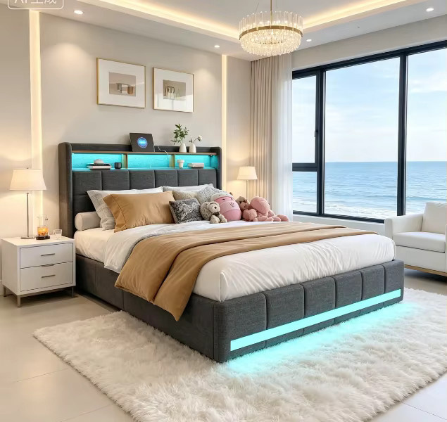 Gepolstertes Doppelbett mit Stauraum und LED-Beleuchtung in Grau, B/T: 180 x 200 cm - Bild 3