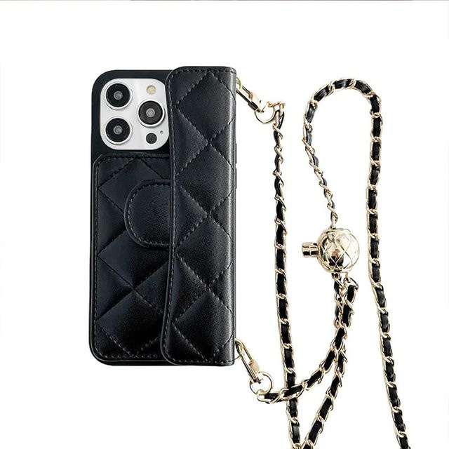 Yiran Crossbody Handyhülle mit verstellbarem Lanyard und Kartenfach aus Leder für iPhone 16 15 14 13 12 11 Pro Max, Farbe: Schwarz - Bild 1