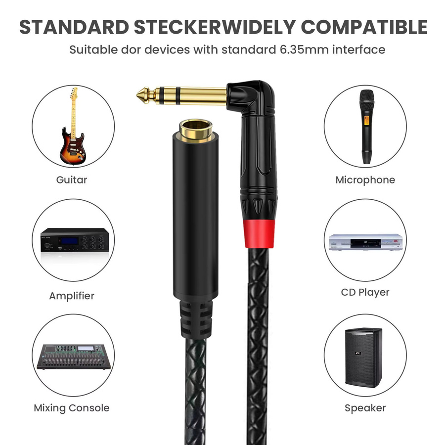 BSN Stereo-Audiokabel Schwarz, 6,35 mm TRS Instrumentenkabel, rechtwinklig auf gerade, symmetrisches Verbindungskabel - Bild 3