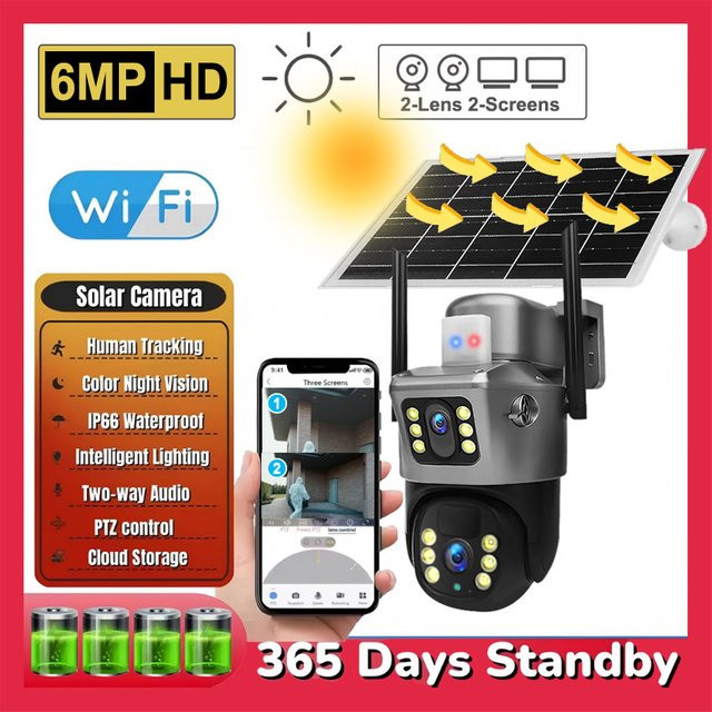 FUNOVATION Solar-PTZ-Kamera 4K 6MP HD Außen-WLAN-Kamera mit Solarpanel, Akku und PIR-Bewegungsmelder - Bild 1