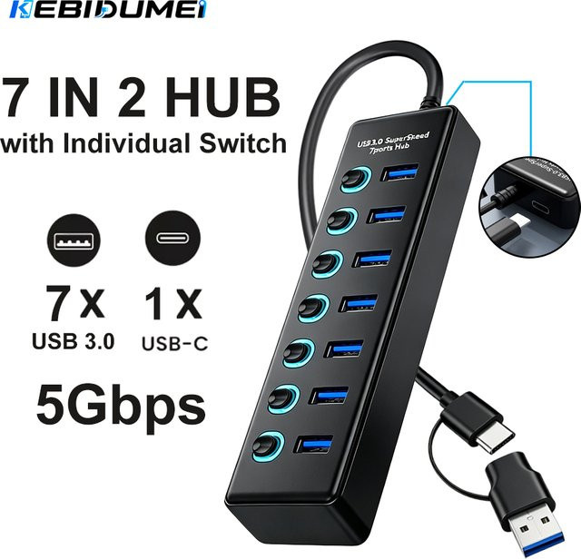 KEBIDUMEI 7-in-2 USB 3.0 Hub mit Einzelnen Ein/Aus-Schaltern und USB-C Anschluss, 5Gbps USB-Verteiler in Schwarz - Bild 1