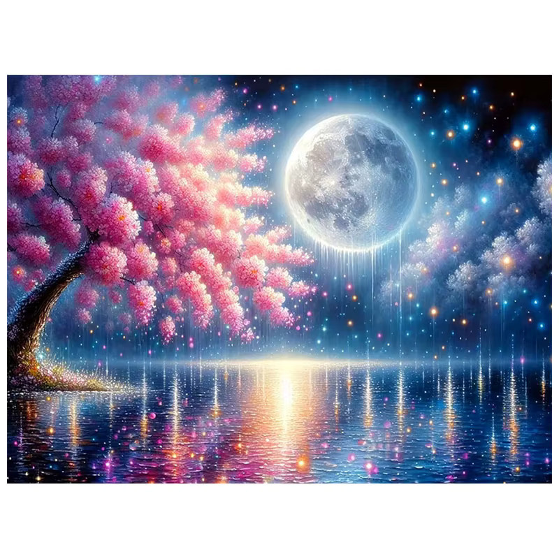 HUACAN Diamant-Mosaik-Set Kirschblüten-Landschaft mit See und Mond, Mehrfarbig, B/H: 30 x 20 cm - Bild 4