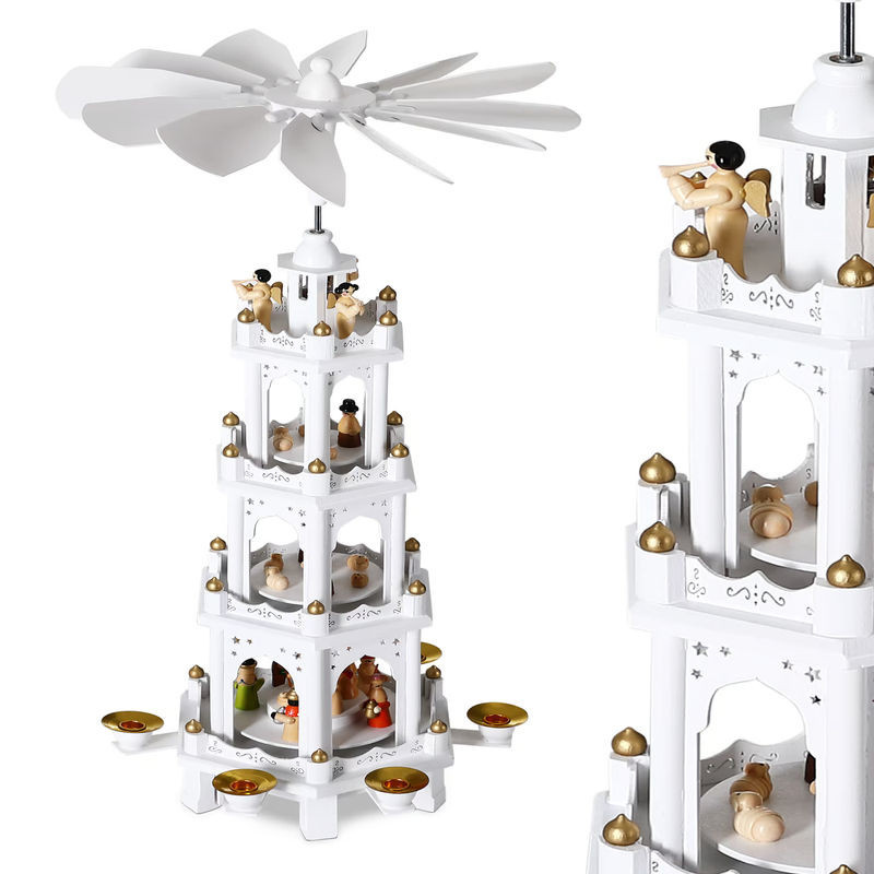 Spielwerk® Kerstpiramide XL in Weiß mit Engel-Motiv aus Holz und Metall für Weihnachten und Advent, H: 60 cm, B: 20 cm, T: 20 cm - Bild 1