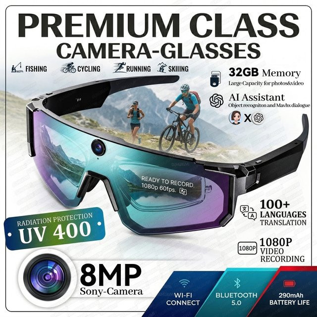 GUHUAVMI Smart Brille mit 8MP Kamera, 1080P POV-Videoaufnahme, 32GB Speicher, Bluetooth für Telefonate und Übersetzungsfunktion, wasserdicht, Farbe: Schwarz - Bild 1