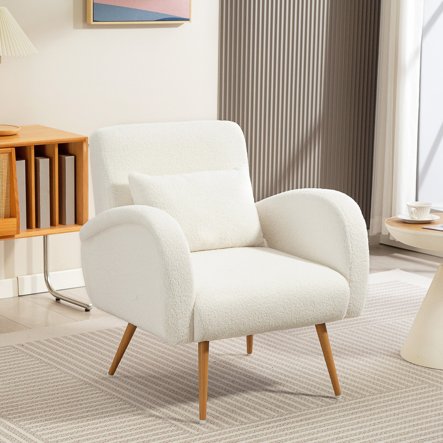 HOMCOM Loungesessel mit Armlehnen und Lendenkissen in Cremeweiß, gepolsterter Relaxsessel mit Bouclé-Bezug und Metallbeinen für Wohnzimmer und Schlafzimmer - Bild 2
