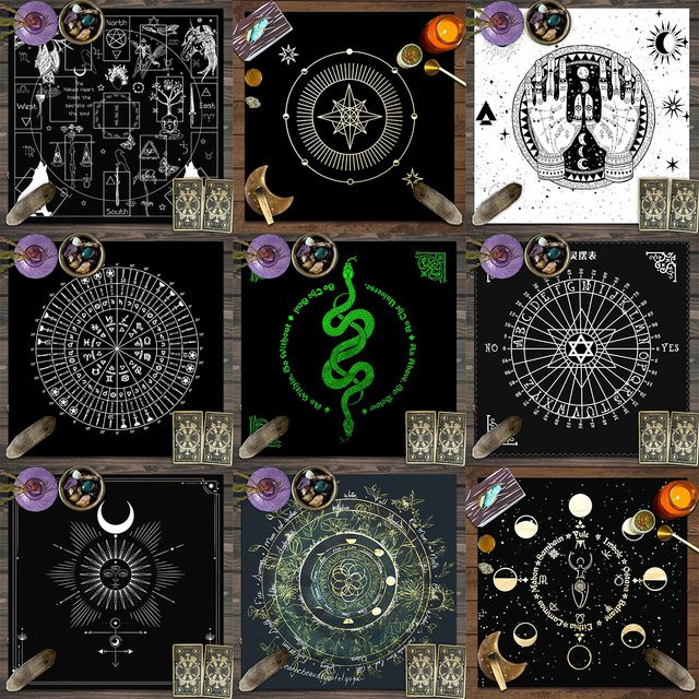 Tarot-Karten-Tischdecke mit Astrologie- und Hexen-Motiv in Schwarz aus Leinen - Bild 1
