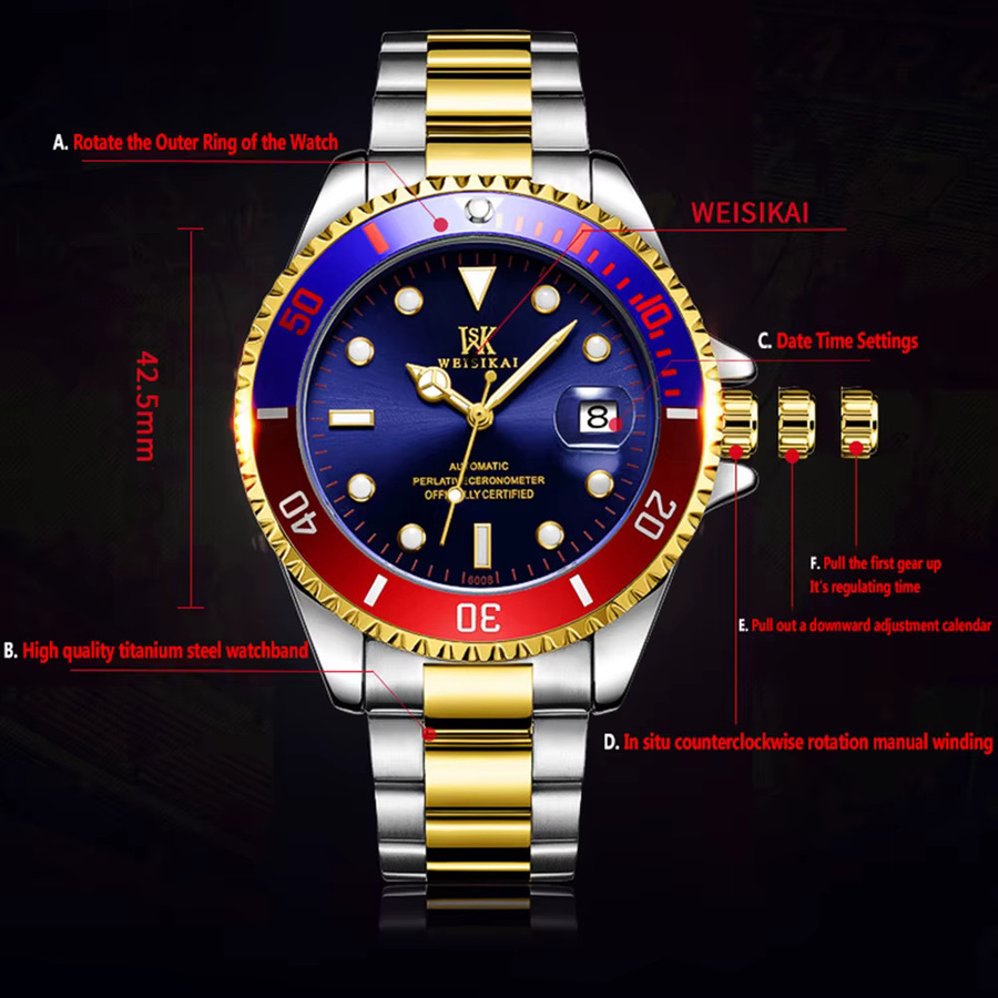 WEISIKAI Armbanduhr Automatik, Edelstahl, Blau, Herren - Bild 2