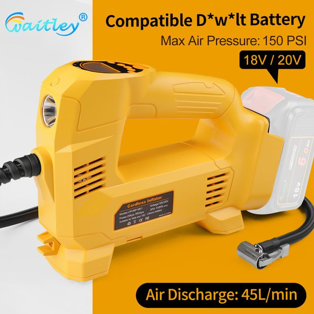 Tragbare Luftpumpe von Waitley als Luftkompressor für Dewalt oder Makita 18V/20V Akku, Elektropumpe für Autoreifen und Motorrad in Gelb - Bild 1