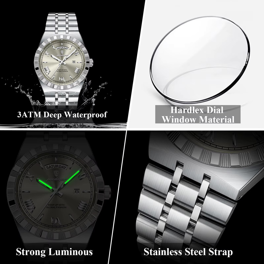POEDAGAR Armbanduhr Edelstahl, Quarz, Silber, Herren - Bild 4