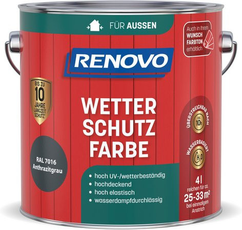 RENOVO Wetterschutzfarbe für Holz, wasserbasiert, Anthrazit RAL 7016, grau, 4,0 l - Bild 1