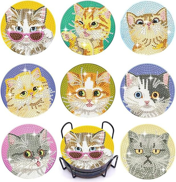 8-teiliges DIY Diamant-Malerei Set mit Katzenmuster und Halter, runde Untersetzer in Multicolour - Bild 1