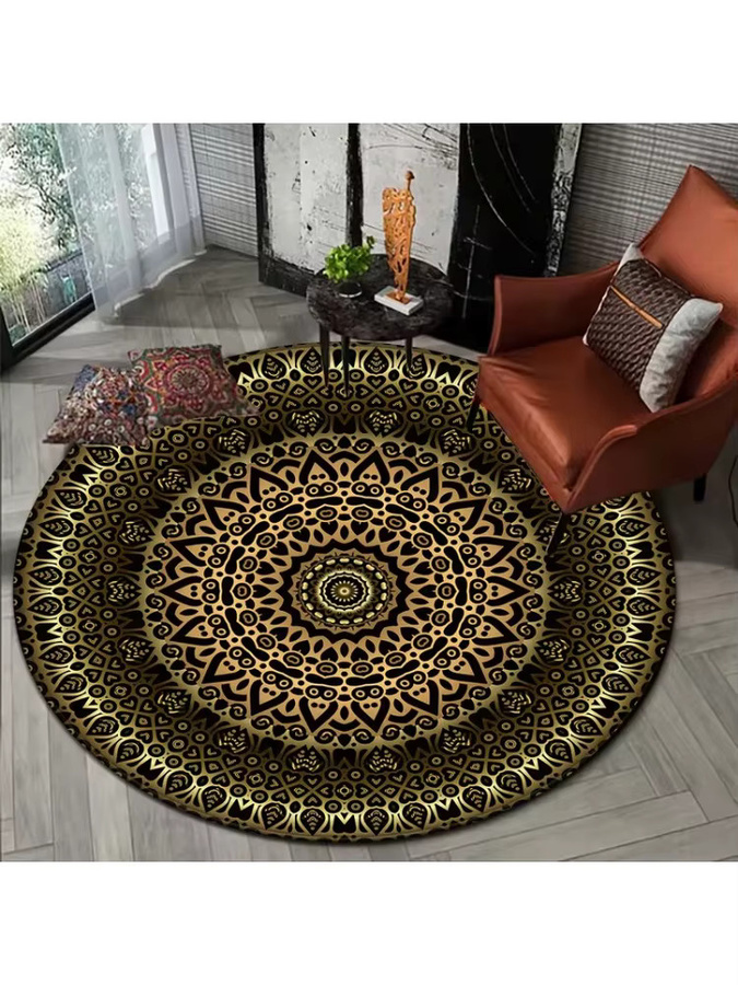 Runder Teppich mit Boho-Mandala-Aufdruck in Gold für Wohnzimmer, Schlafzimmer und Kinderzimmer, rutschfest - Bild 2