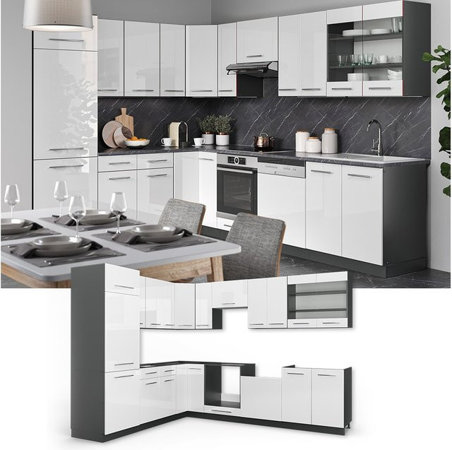 Vicco Fame-Line Eckküche in Weiß Hochglanz und Anthrazit, Einbau-Küchenzeile mit Soft-Close-Türen, B: 227 cm, T: 60 cm - Bild 1