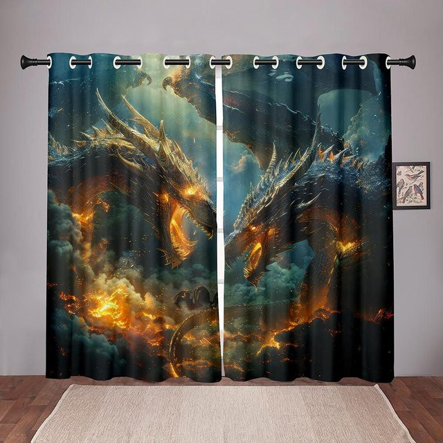 Drachenvorhänge im Fantasy-Stil mit 3D-Druck, 2 Paneele, Blau und Gold, B/H: 50 x 60 cm - Bild 1
