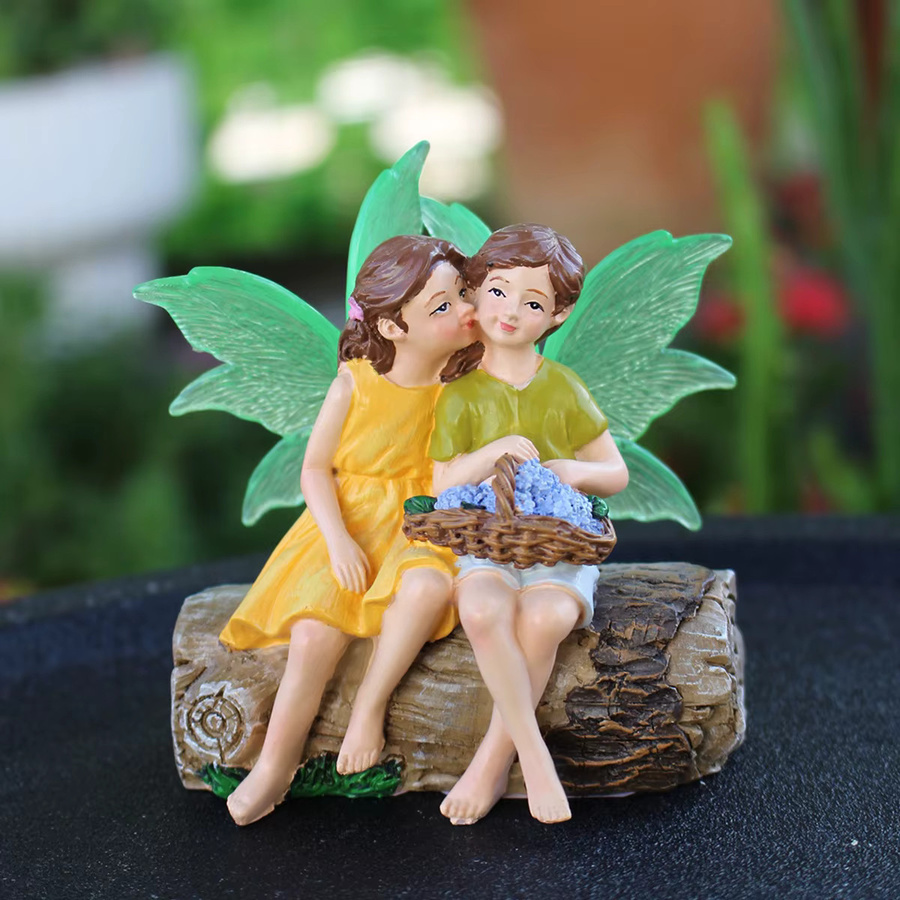 Paar Engel-Gartenstatuen mit leuchtenden Flügeln für Bonsai und Außenbereich, Mehrfarbig - Bild 2